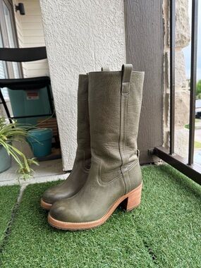 Olive Green Leather Mid-Calf Heeled Boots